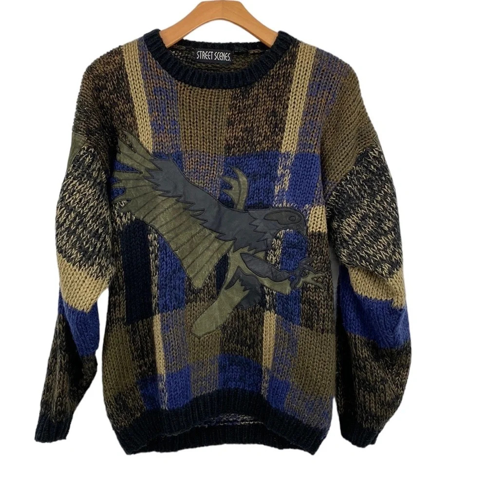 Vintage Street Scenes Sweater Mens XL Green Blue Knit Leather Patchwork‎ Eagle